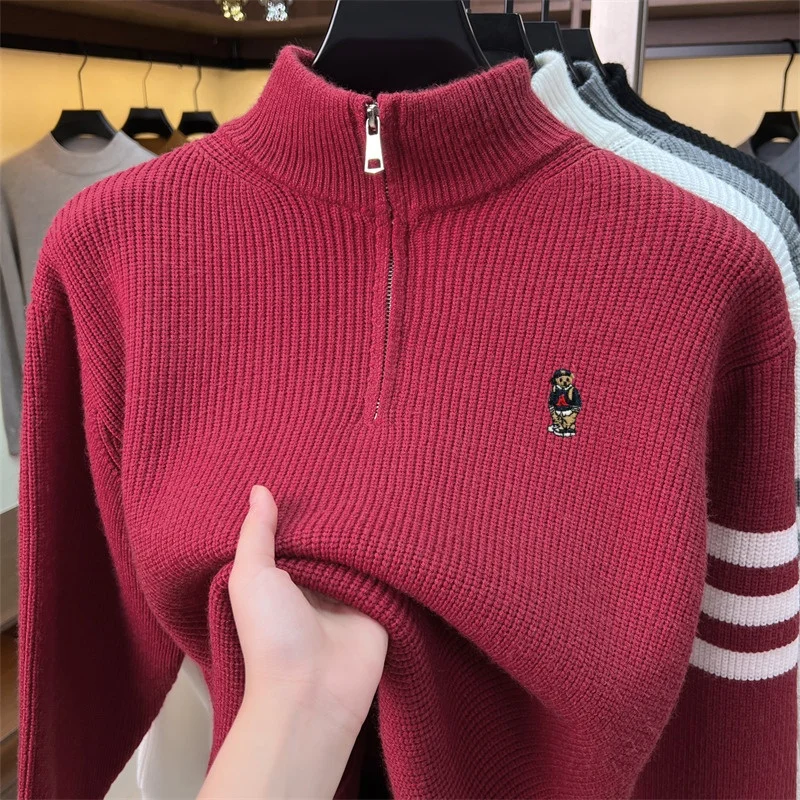 High Quality Men's Sweater Winter New Fashion Warm Striped Design Zipper Semi High Neck Cute Embroidery Casual Knitted Pullover