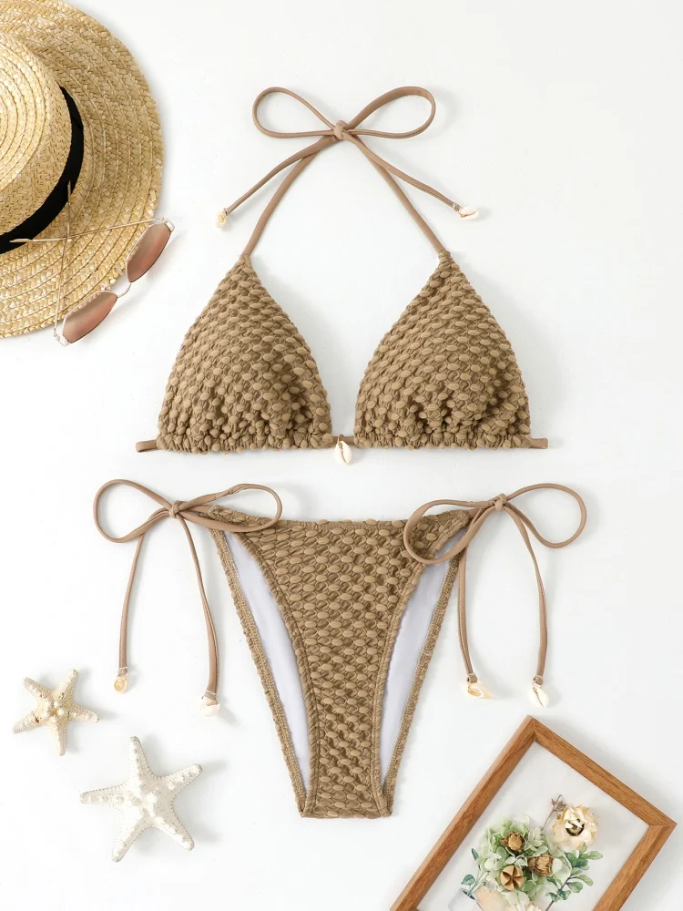 Bikini Women Swimsuit 2026 New Solid Bubble Cloth Halter Bikinis Set Sexy Lace Up Swimwear Summer Beach Wear Bathing Suit Female