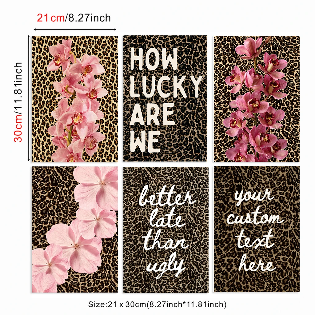 Set of 6 Pink Orchid Leopard Print Canvas Poster Floral Fashion Quote Chic Wall Decor Home Bedroom Living Room Art Wall Art