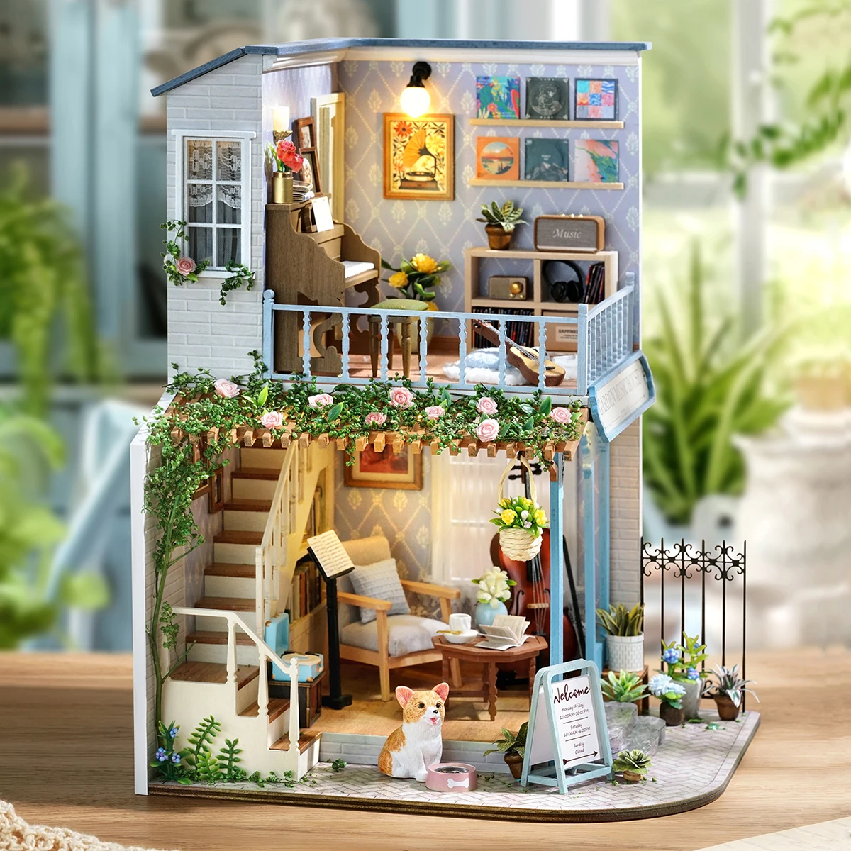 DIY Holz Garten Musikhaus Casa Puppenhäuser Miniaturmodellbausätze Kaffee Puppenhaus mit Möbeln 3D Puzzle für Freunde Geschenke