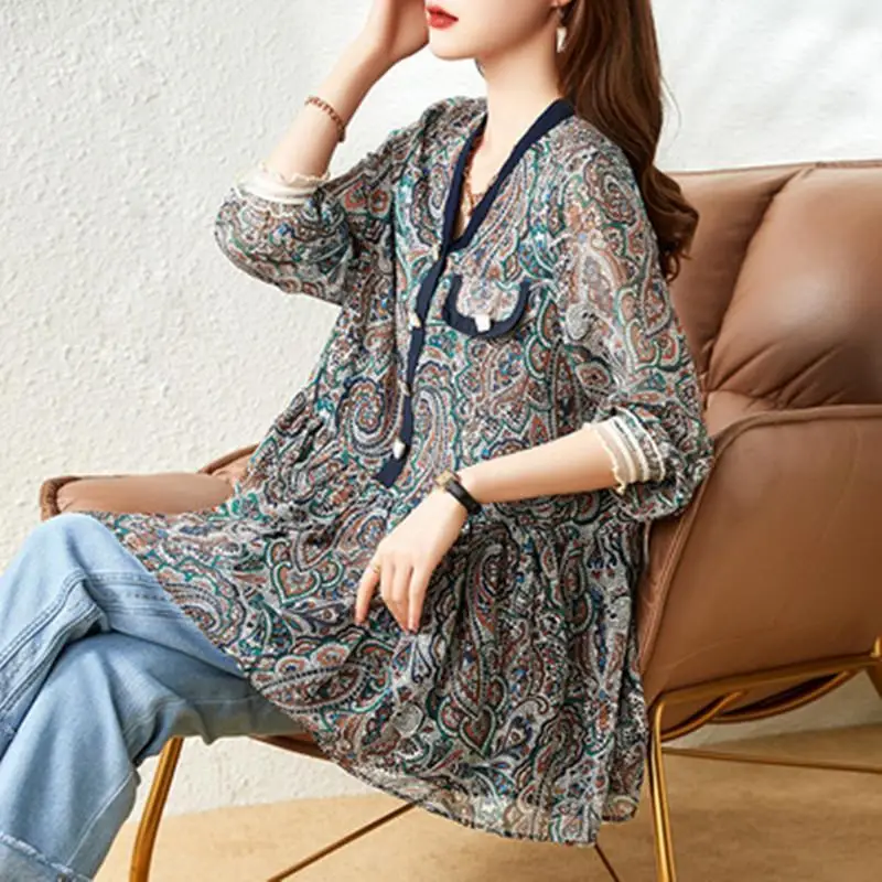 2024 Summer Women's Casual Fashion Elegant Commuting Loose Print V-neck Willow Nails Chiffon Lining Mid Sleeve Shirt Top