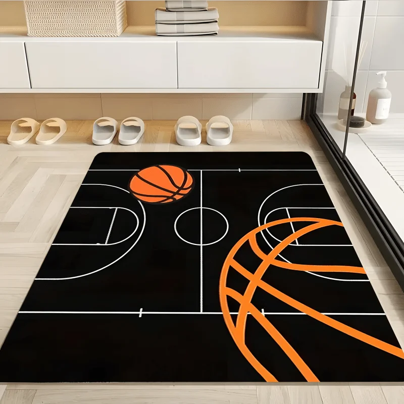Basketball Court Flannel Rug Sports Theme Floor Mat Non-slip Soft Area Carpet for Kids Bedroom Living Room Home Decor