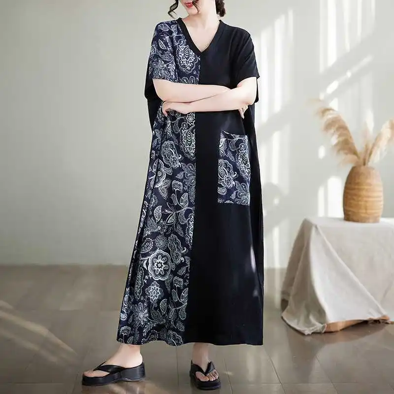 빈티지 v 넥 꽃 패치 워크 맥시 드레스 반팔 플러스 사이즈 여성 의류 여름 캐주얼 롱 드레스