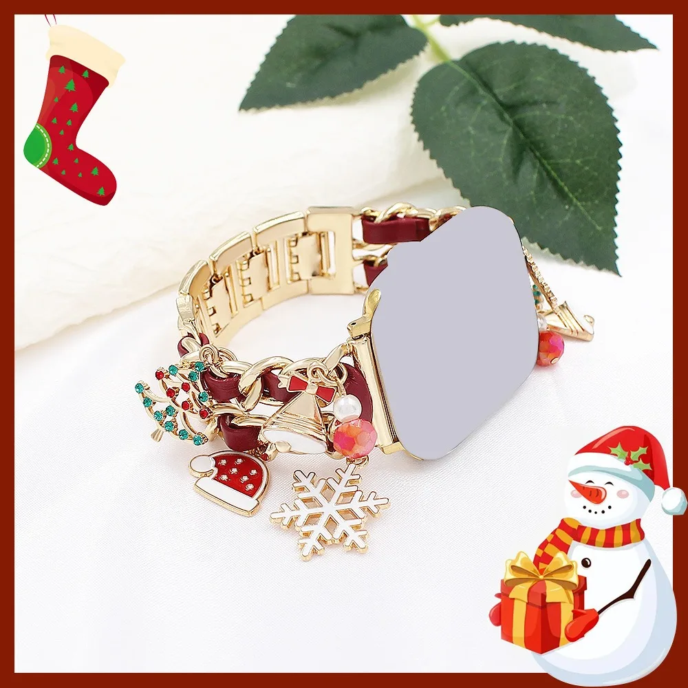 Festive Christmas Watch Band Metal Chain Leather Cord Snowflake Tree Bell Santa Hat Charms Seasonal Fashion Replacement Strap