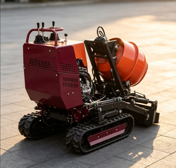 Mini Rubber Crawler Concrete Mixer Dumper, 500L Diesel Powered Compact Self Loading Mixer