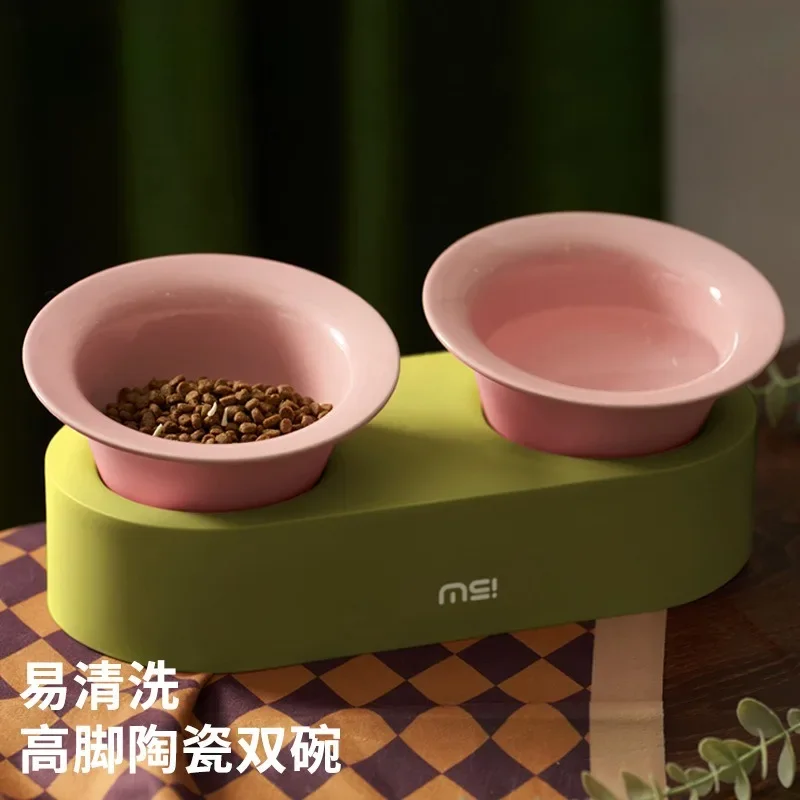 Ceramic Pet Cat and Dog Food Bowl Double Bowl Diagonal Drinking Bowl Protects Cervical Pet Products Feed Supplies Accessories