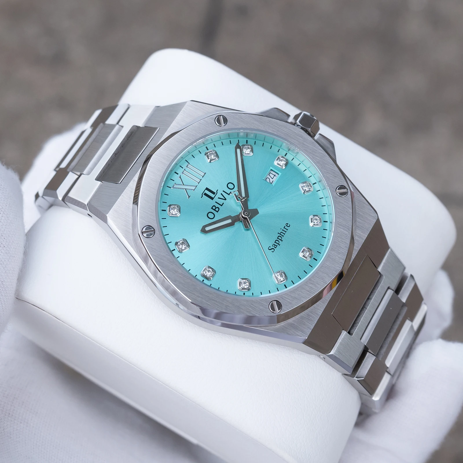 OBLVLO Men's Blue Dial Quartz Watch Stainless Steel Octagon Bezel 50m Waterproof Date Feature Couple Watches Elegant Design AWM