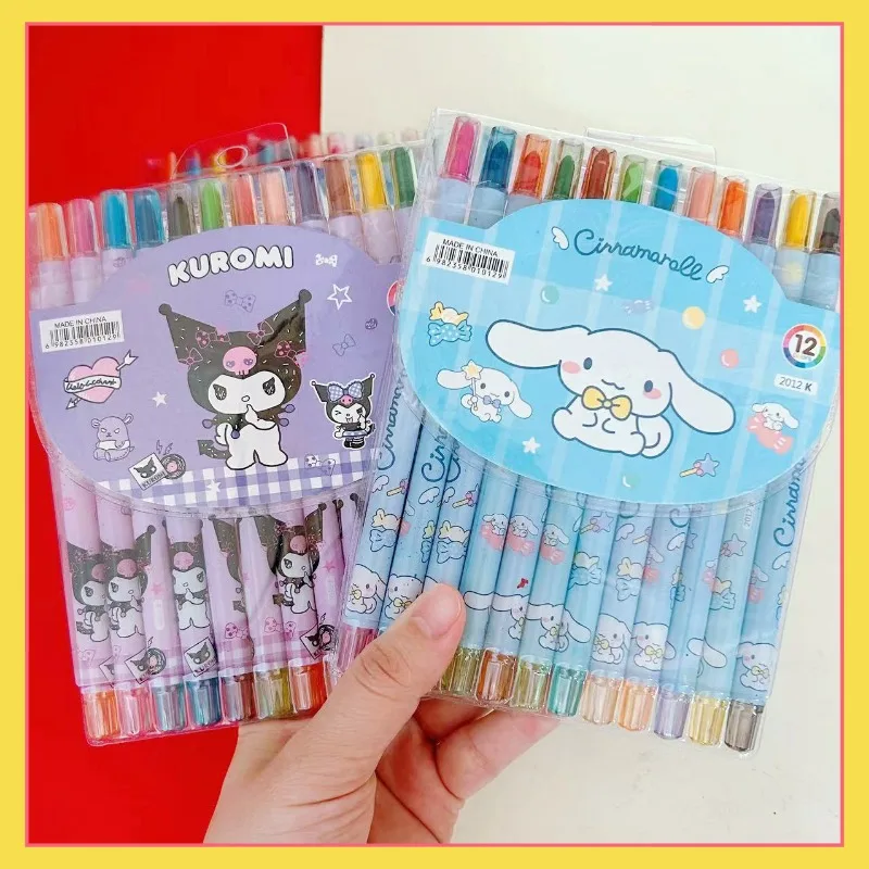 

Sanrio Crayon 12 Color Cute Kuromi Children's Gift Painting Pen Rotating Crayon Oil Painting Stick Long Crayon Children's Gift