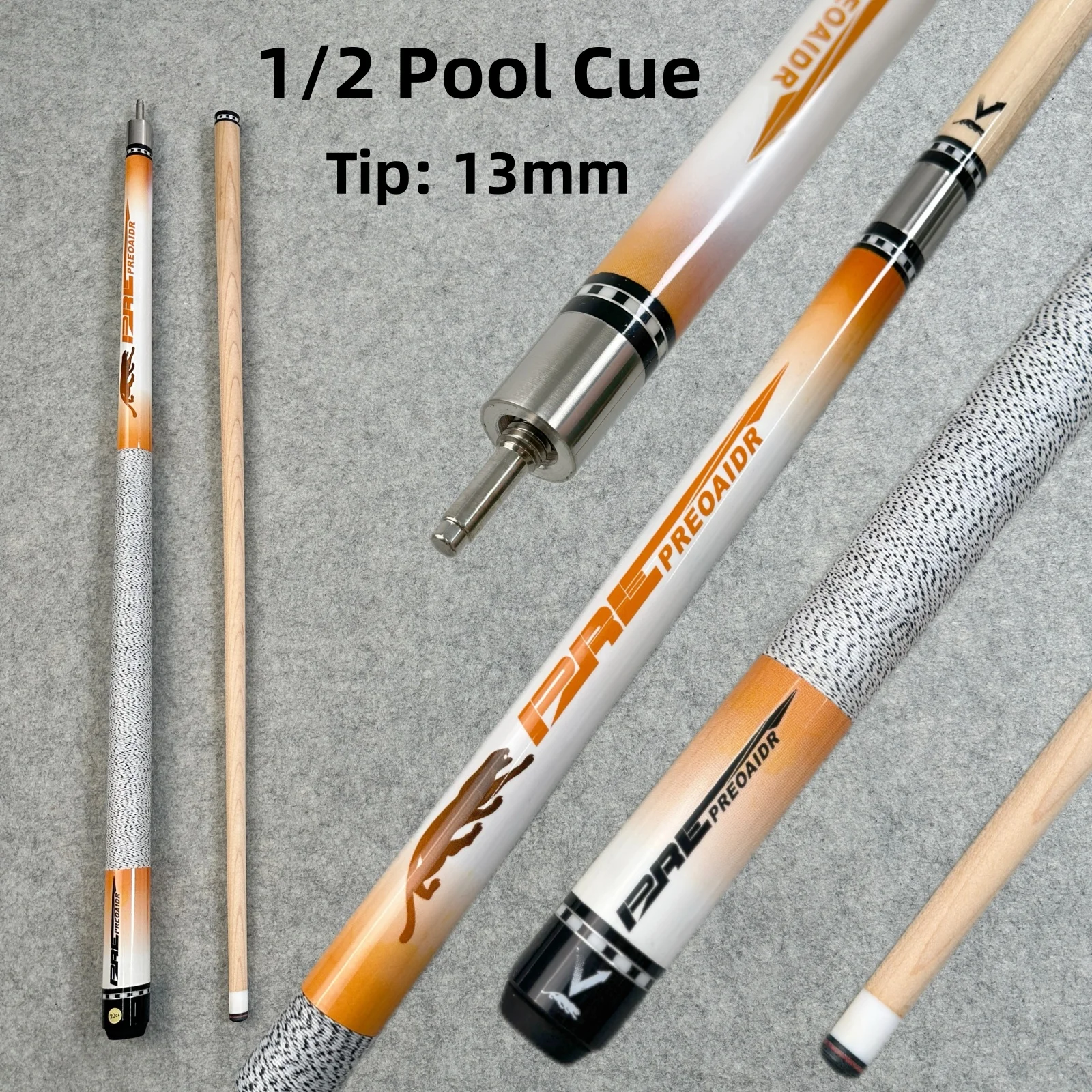 1pc Premium Orange Maple Pool Cue 1/2 Split Billiard Stick, 19oz-20oz Weight, 13mm Tip, Wrapped Non-Slip Grip, Quick Screw Joint