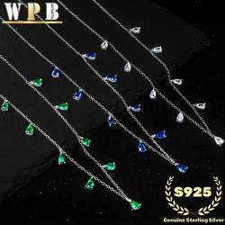 Genuine S925 Sterling Silver Cubic Zirconia Teardrop Necklace Adjustable Chain Jewelry Gift for Women White Green Blue Sparkle