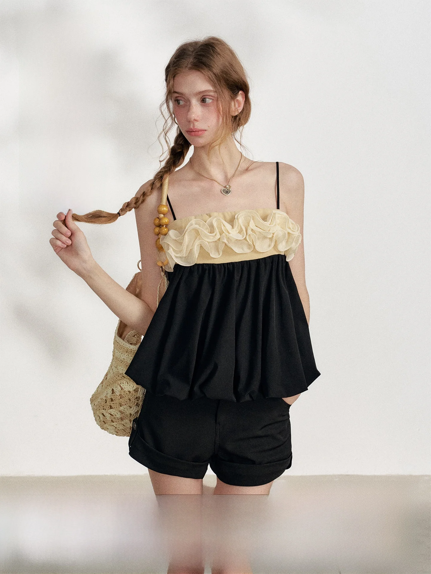 

Design Sensation Summer Vacation Style Wood Grain Splice Blouse Flower Bud Strap Vest Women's Fashion Outerwear