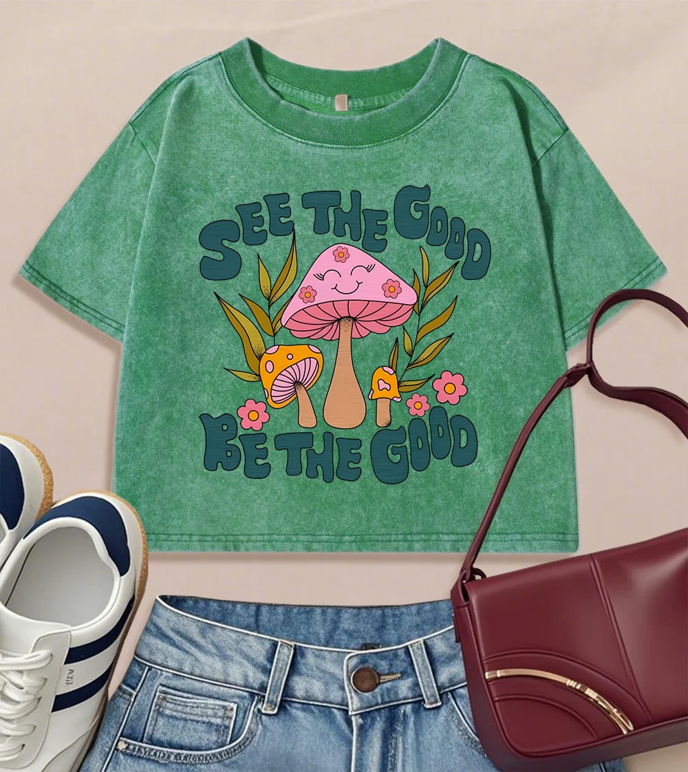 

See The Good Be The Good Happy Mushroom Prints Washed T Shirts Woman Street Cotton T-Shirt Hip Hop Crewneck Top Casual Clothing