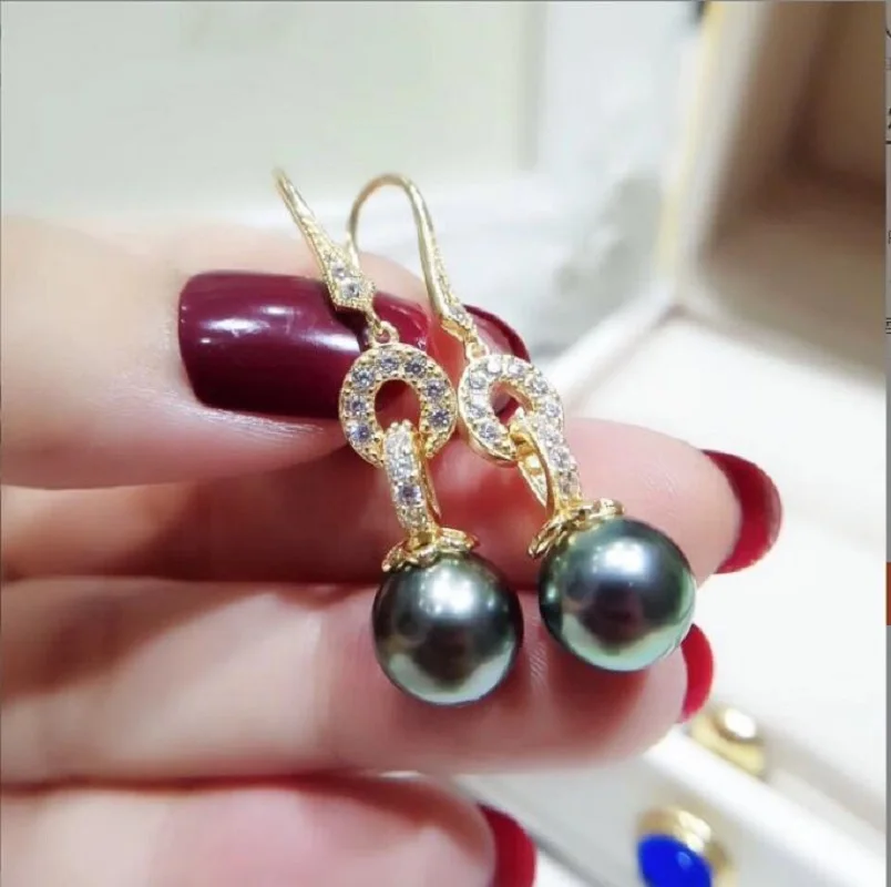 

Elegant South Sea10-11mm 9-10mm 8-9mm Round Black Pearl Earring Sterling Silver 925 Earrings