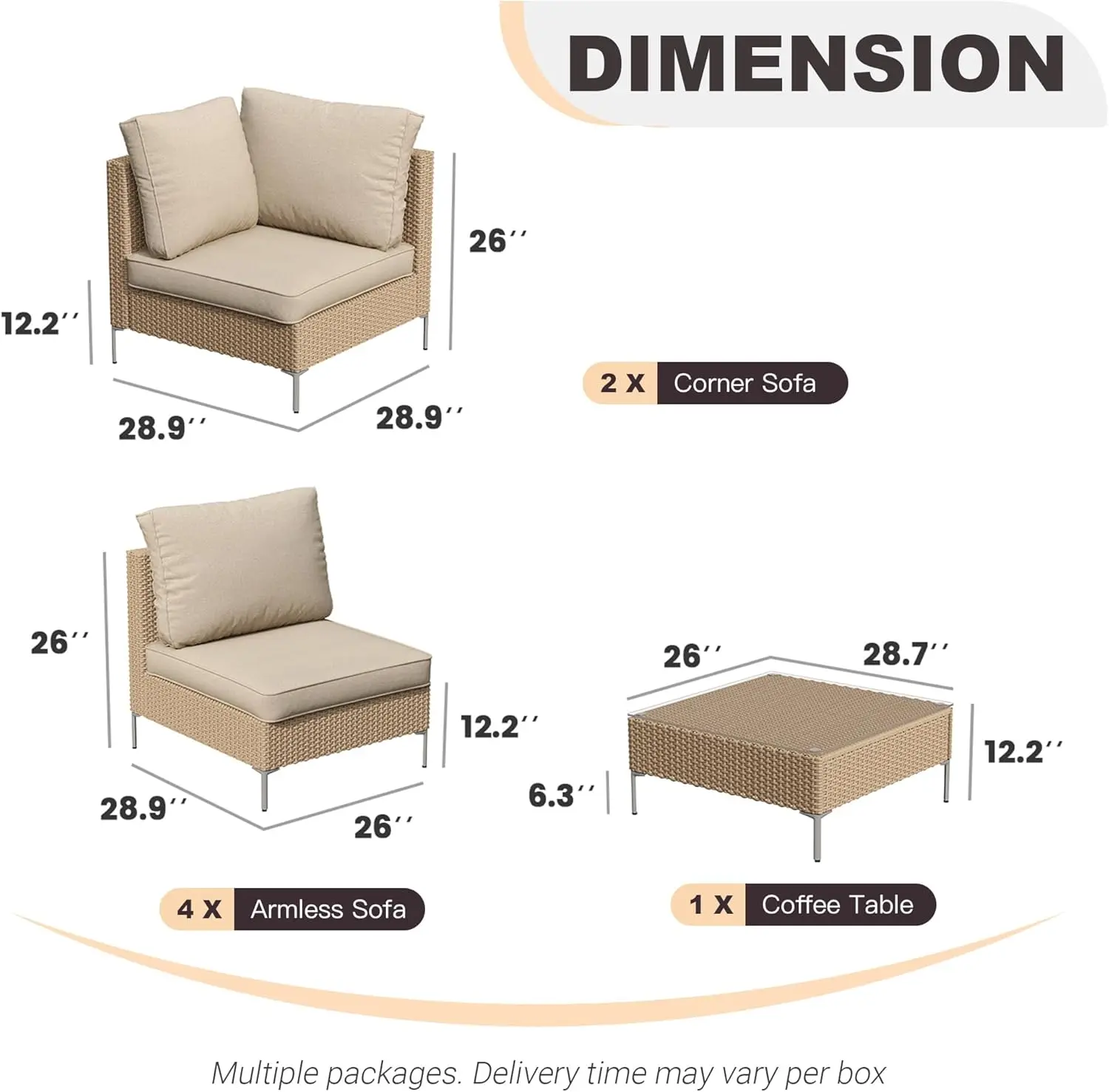 Juego de muebles de mimbre para Patio, conjunto de conversación al aire libre, sofá seccional con cojín, mesa de centro de cristal