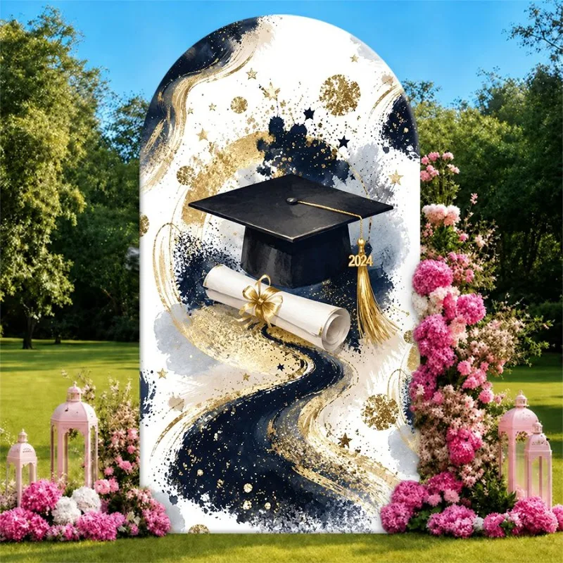 

Single Side Arch Backdrop Cover Elegant Graduation Celebration Background Banner Featuring Black Cap Gold Tassel and Rolled