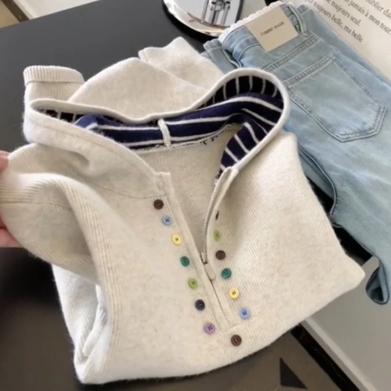 

Korean Style Color Contrasting Hooded Long Sleeve Knitted Women's Spring Autumn New Zipper Half Open Collar Button Top Trendy