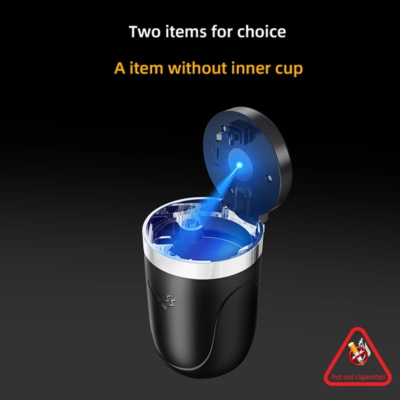 Car Ashtray with Lid Smell Proof Stainless Steel Blue Led Portable Ashtray Cup for Auto Fireproof Shell One Touch Open