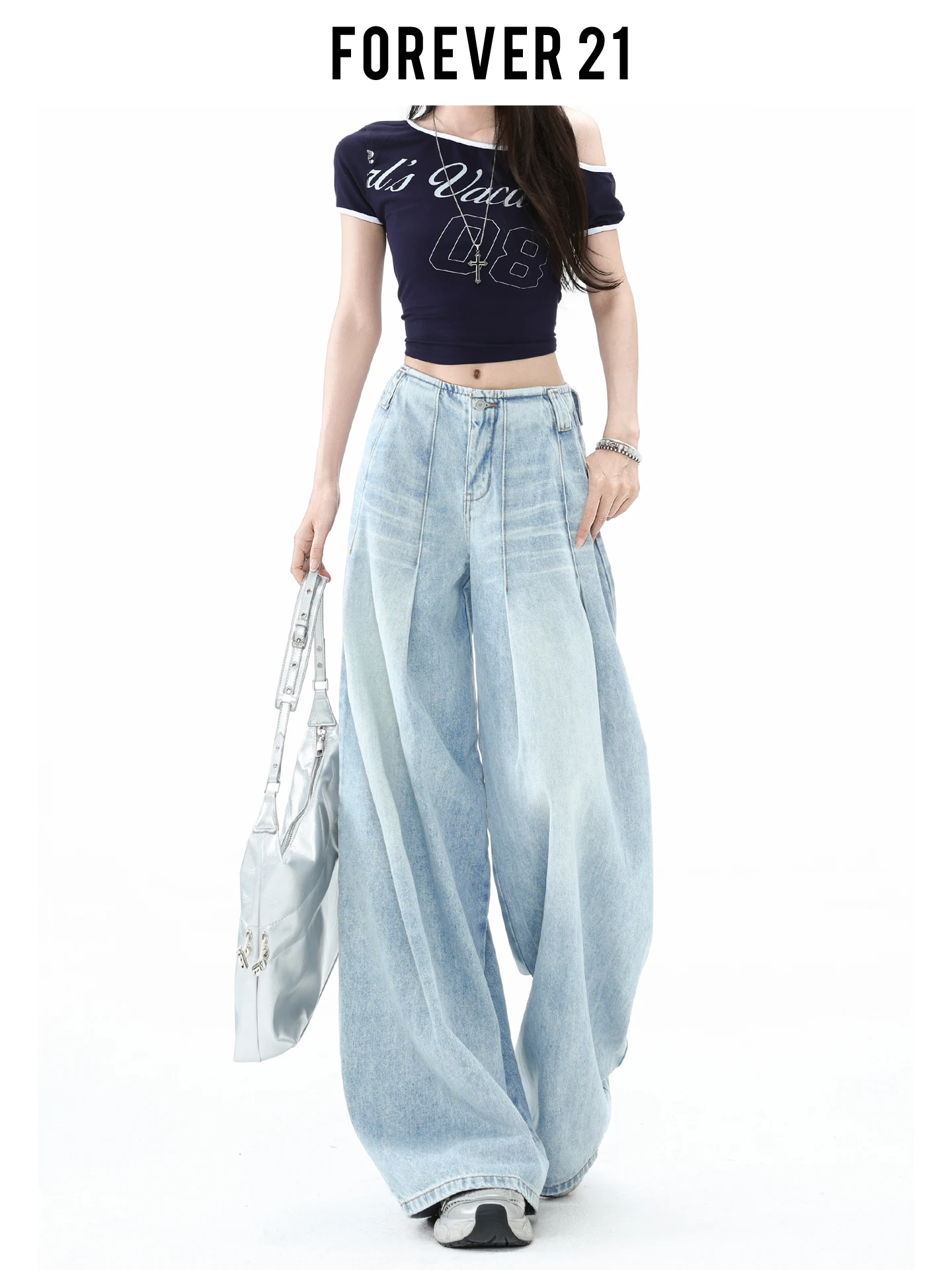 Calça Jeans Feminina Forever 21 de Cintura Alta, Perna Larga, Caimento Solto, Comprimento Longo, Formato Pera, Casual e Confortável, Azul Denim