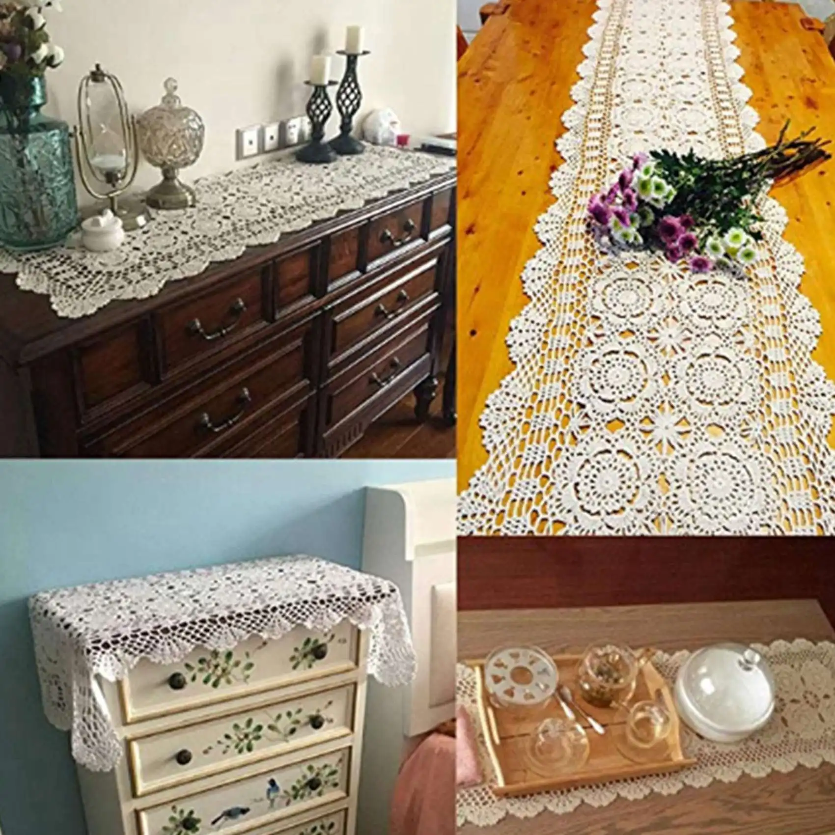 SEWS-2X Cotton Handmade Crochet Lace Table Runner White Rectangle Coffee Table Dresser Decor