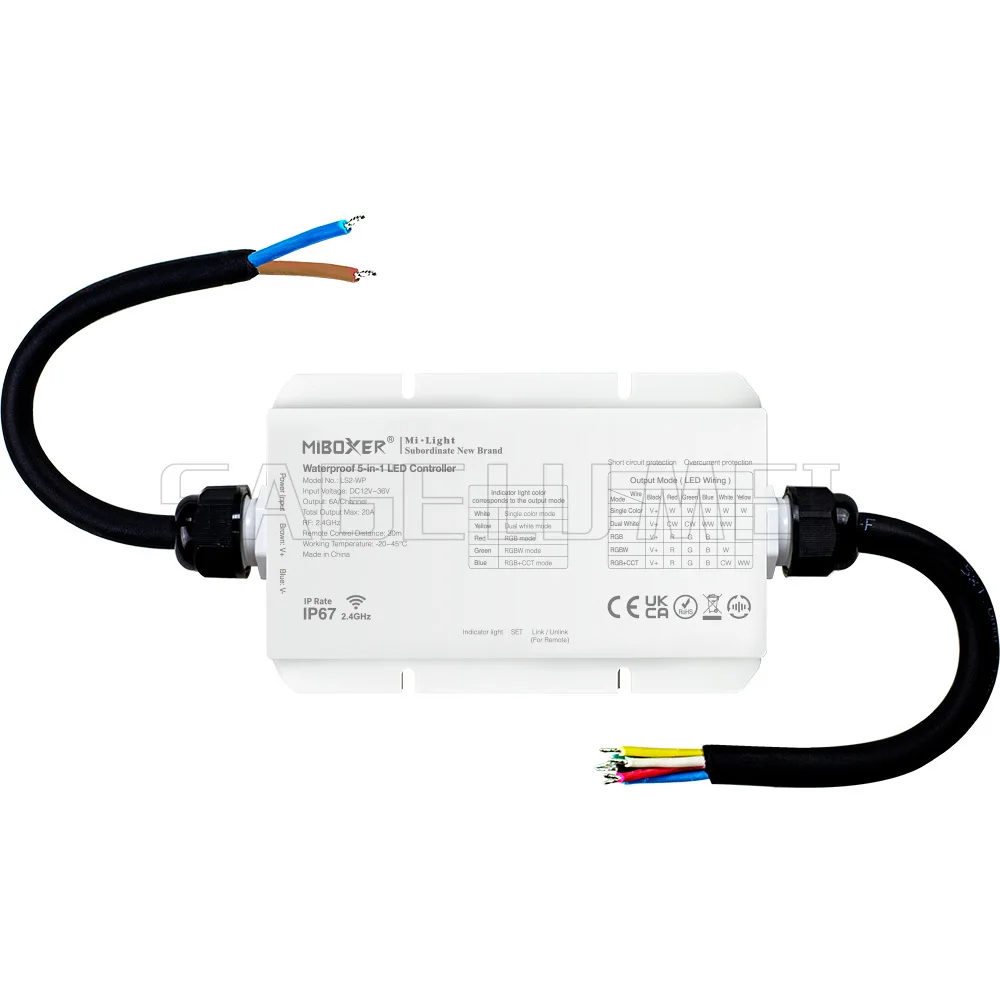 MiBoxer LS2 DC12V-48V 2,4 GHz 5in1 Smart LED Helderheid verstelbare Controller voor Enkele Kleur/CCT/RGB/RGBW/RGB + CCT LS2-WP IP67