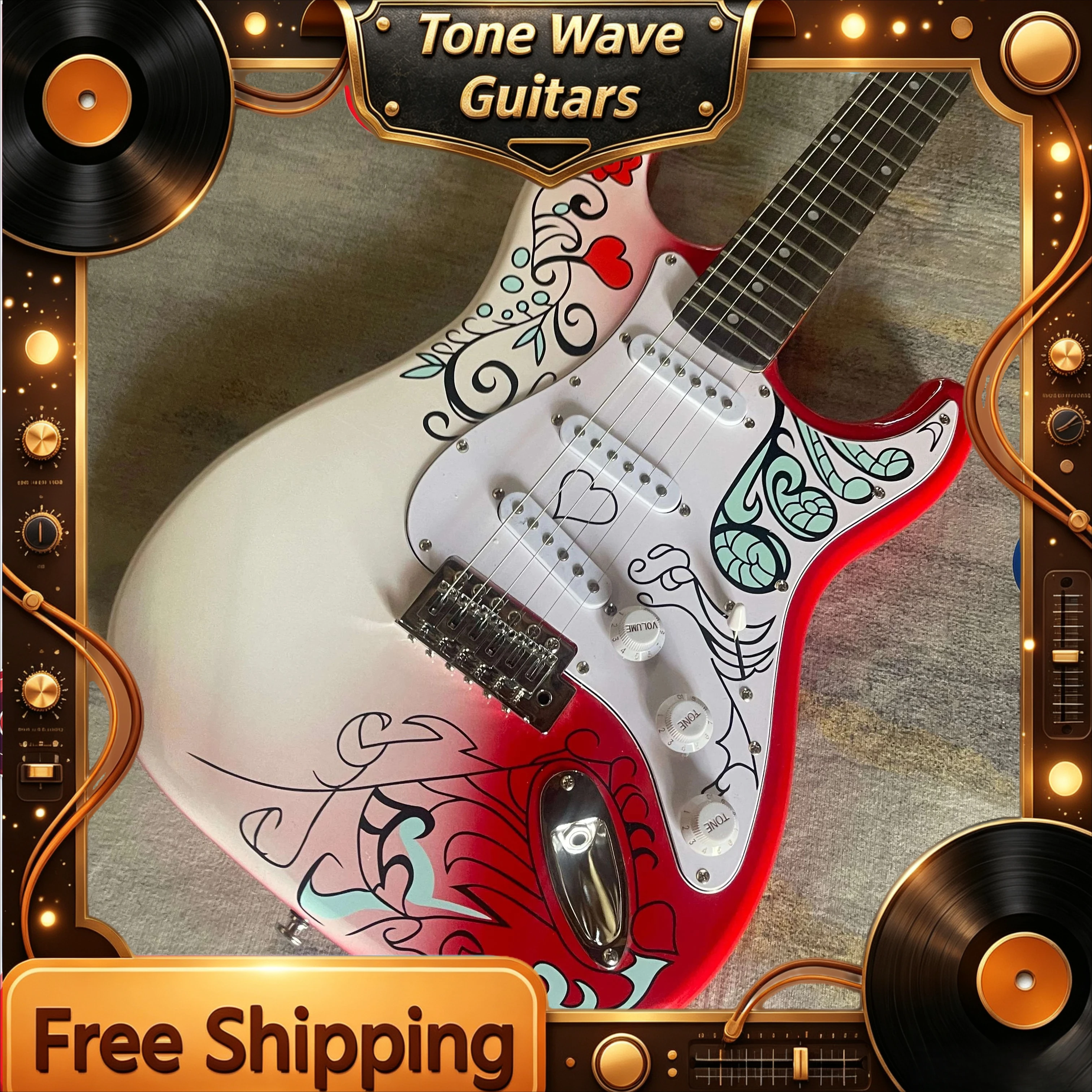 2026  NEW STS Electric Guitar Poplar Wood Guitar Body Maple Neck  Red and White Gradient Rose Love Painting SSS Pickup Unisex