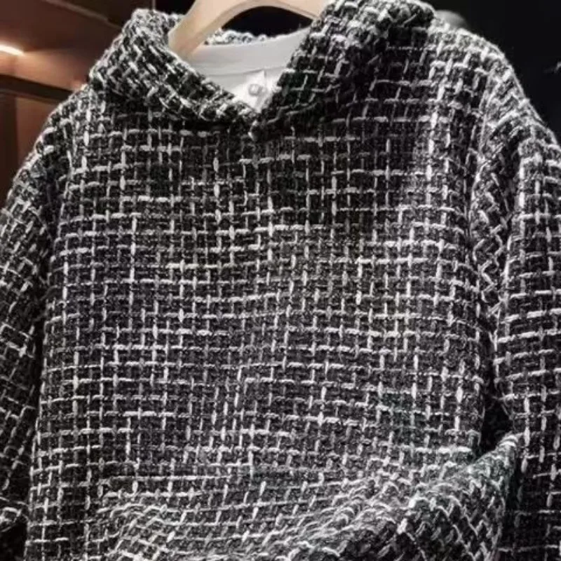 Brand High-end Men's Clothing Hooded Woven Printing Autumn and Winter Velvet Thickened Niche Extra Large Size Baggy Sweater Men