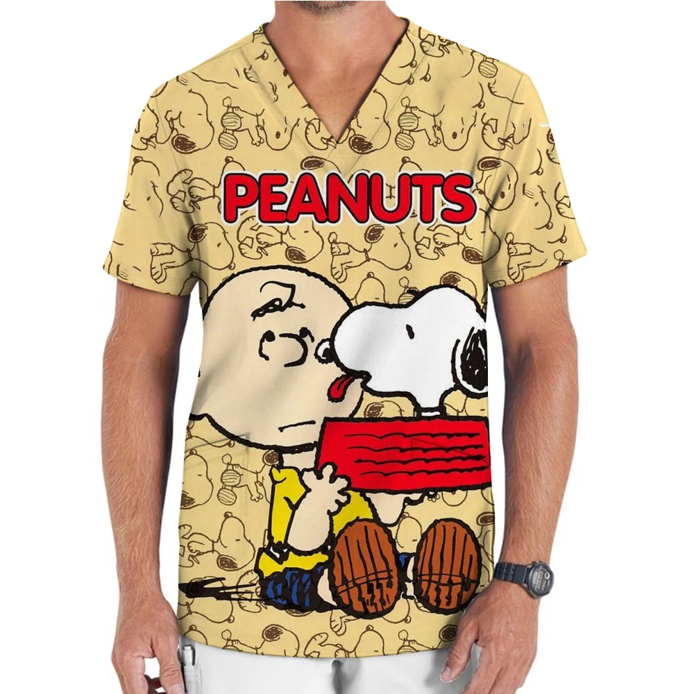 Snoopy nursing work frosted men's short sleeved V-neck clinic nurse uniform protective clothing nursing staff lab top