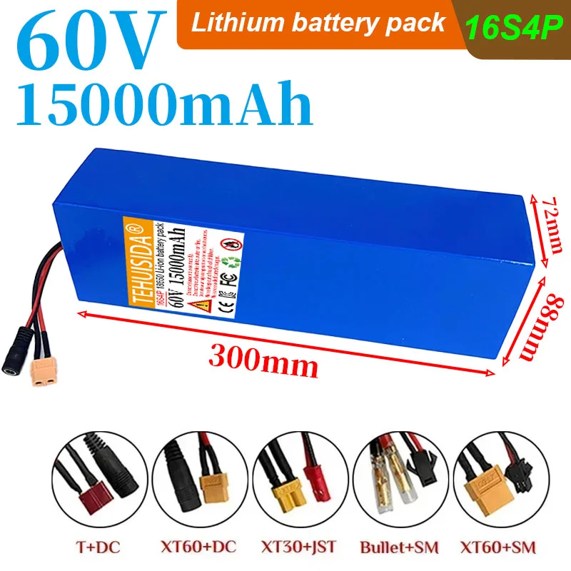 15Ah 60V 16-cell 4P Li-ion Battery Pack 60V 15000mAH 18650 Battery Built-in 30A BMS for Electric Bicycle Motorcycle with Charger