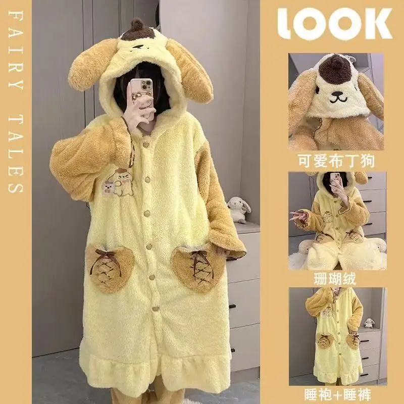 

Пижамы с помпонами в стиле аниме Sanrioed, милые женские плюшевые пижамы Cinnamoroll, осенне-зимний домашний костюм из кораллового флиса, теплый ночной халат