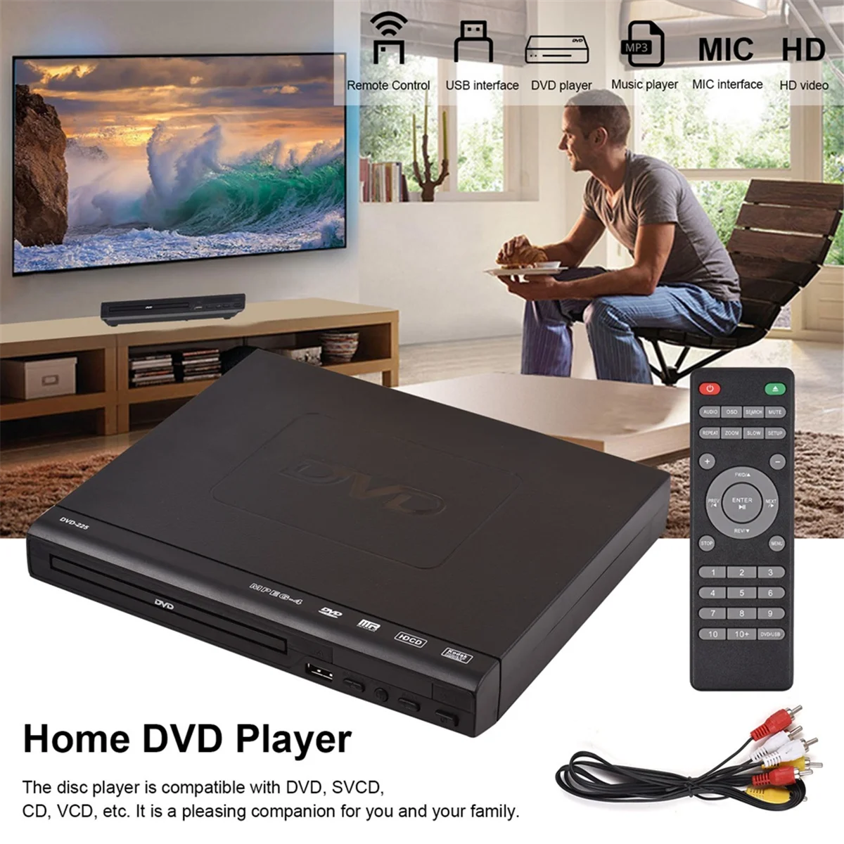 DVD PlayerDVD-225 Home DVD Player Digital Multimedia Player AV Output with Remote Control for TV VCD DVD Player EU PLUG