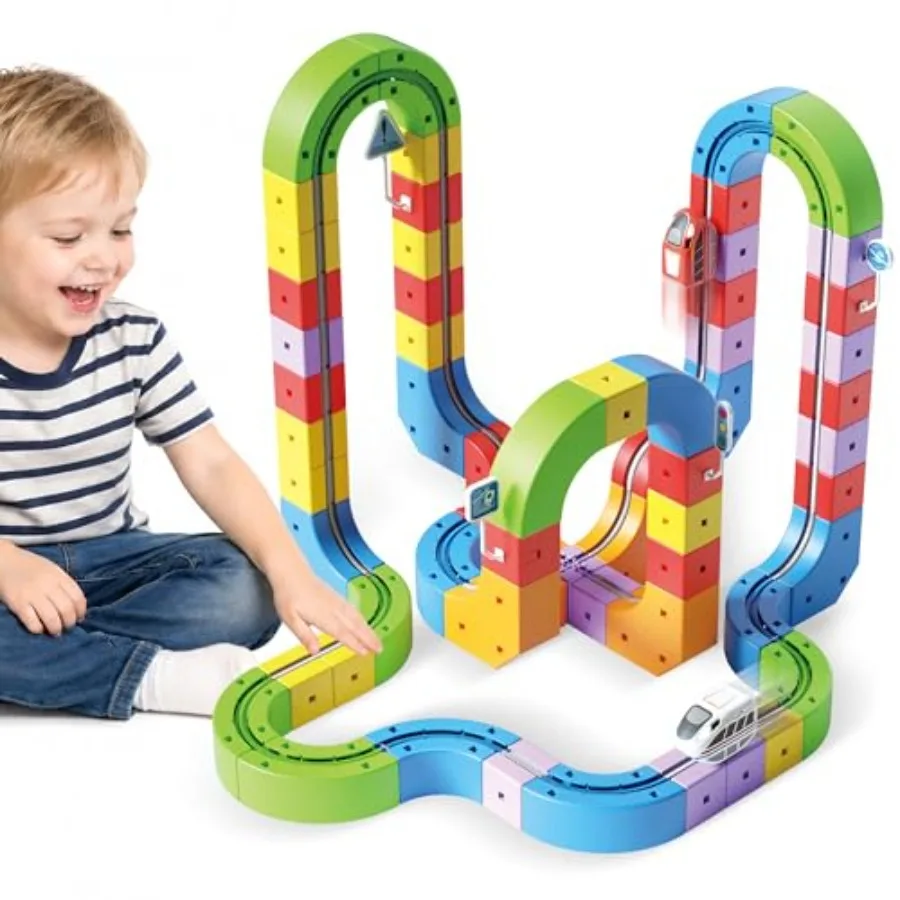 

STEM building toy for kids ages 3+, 3D anti-gravity infinity track set, ABS plastic, blue and gray, 121PCS with 2 rechargeable