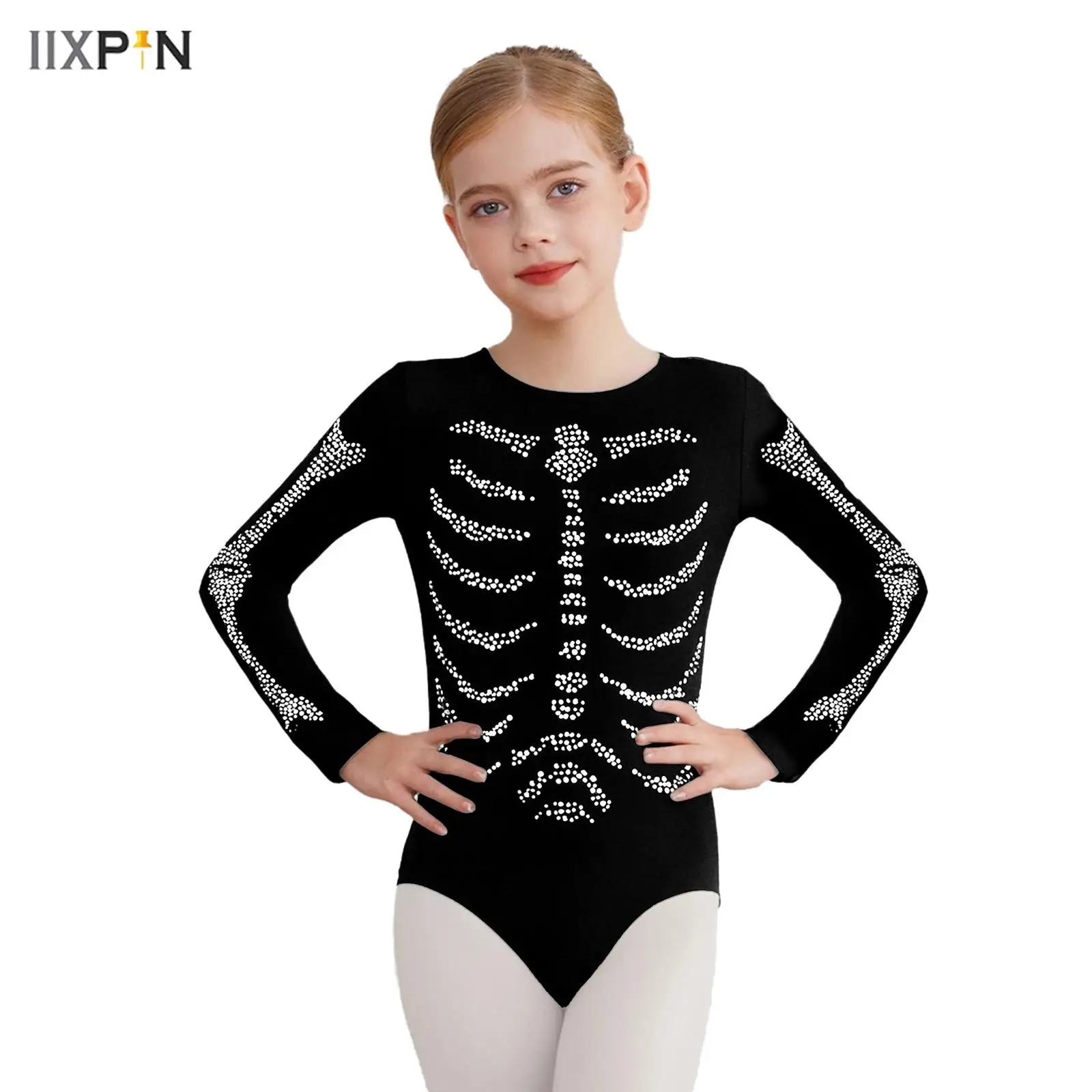 

Boys Girls Halloween Skeleton Costume Shiny Rhinestones Long Sleeve Crotch Press Button Bodysuit Cosplay Fancy Ball Themed Party