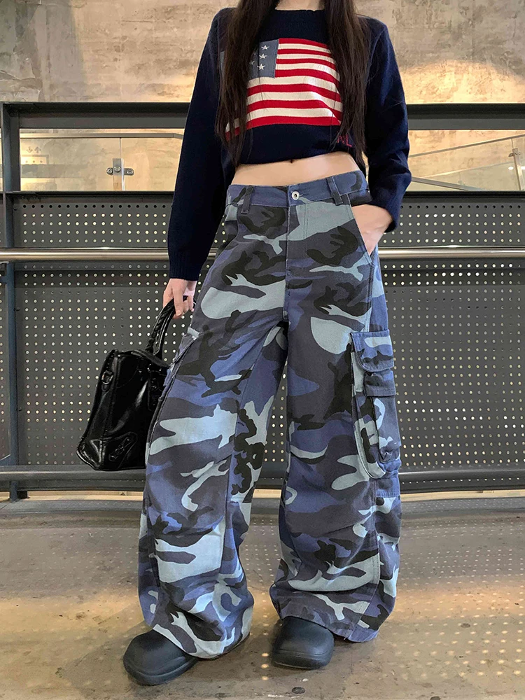 ReddaChic Alt Vintage Camouflage Cargo Jeans Boyfriend Low Rise Multi-pocket Straight Loose Denim Pants Causal Women Streetwear