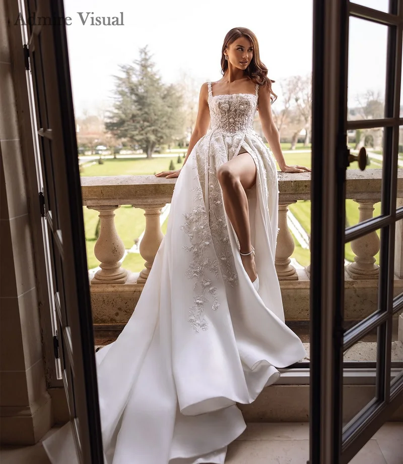 

New Arrive Shiny Wedding Dress A-Line Square Neckline Sleeveless With Long Open Back Customized Bride Gowns Vestidos De Novias
