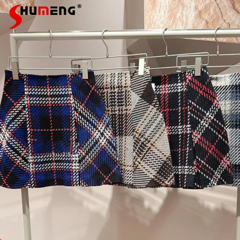 

2023 Autumn And Winter New Short Y2k Skirts Women's Clothing Plaid Tweed High Waist Plaid Pleated A-line Casual High Waist Skirt