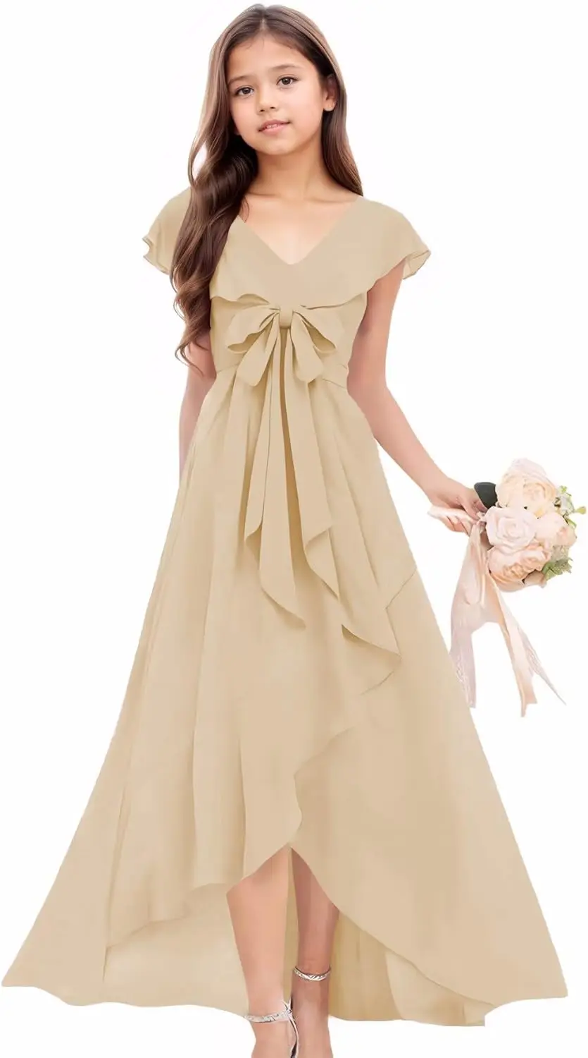 Vestido de dama de honra júnior com decote em V, laço de chiffon, alto e baixo, flor, concurso de casamento, vestido de baile para meninas