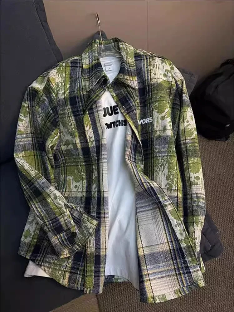 Green Plaid Shirt Men's Spring Fashion High-End Feeling Knot Dye Collar American Style Jacket Loose Fit Youthful Trend Polyes...