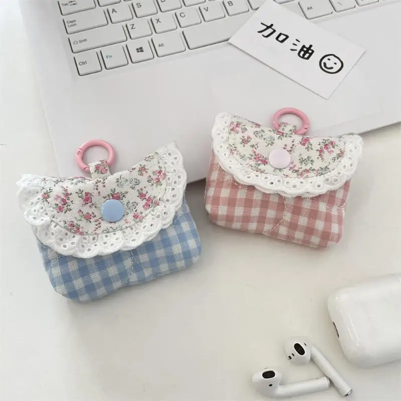 

Mini Cute Sweet Lace Floral Coin Purse Fashion Pink Blue Plaid Headphone Protective Case Girls Portable Small Storage Bag