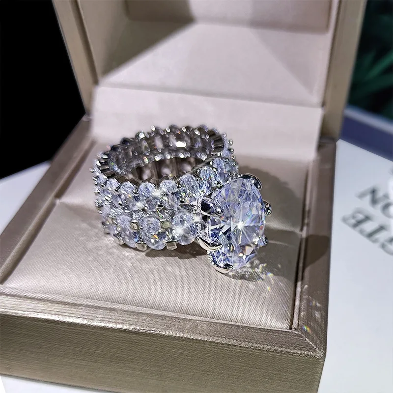 Classic diamond inlay oval gemstone two-piece ring set fashion new in sparkling charms rings for women wedding banquet jewelry