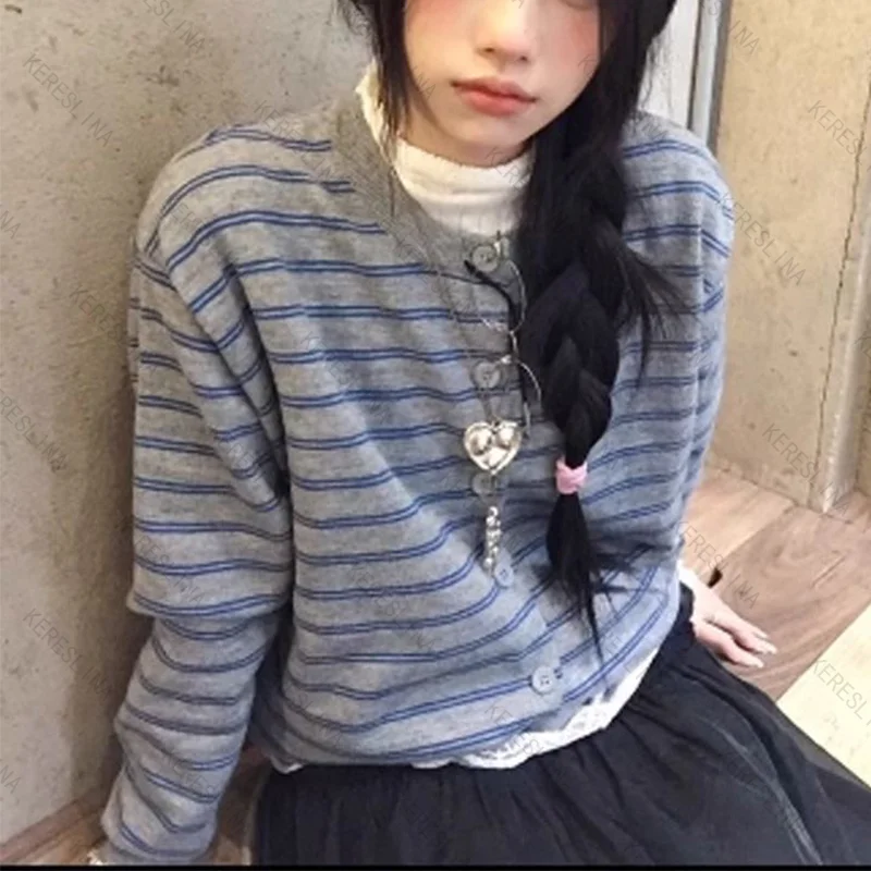 الخريف والشتاء أنيقة حلوة كلاسيكية مخطط زر سترة محبوكة أعلى الأمريكية مريحة تنوعا سترة محبوكة ايمو