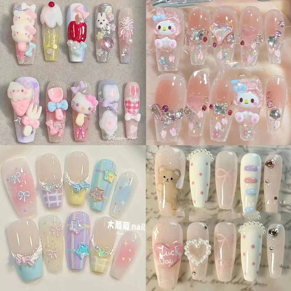 

10Pcs Sanrio Hello Kitty Mymelody French Handmade Press On Nails Candy Color Sweet Cute Long Coffin Acrylic Party Nail Sticker