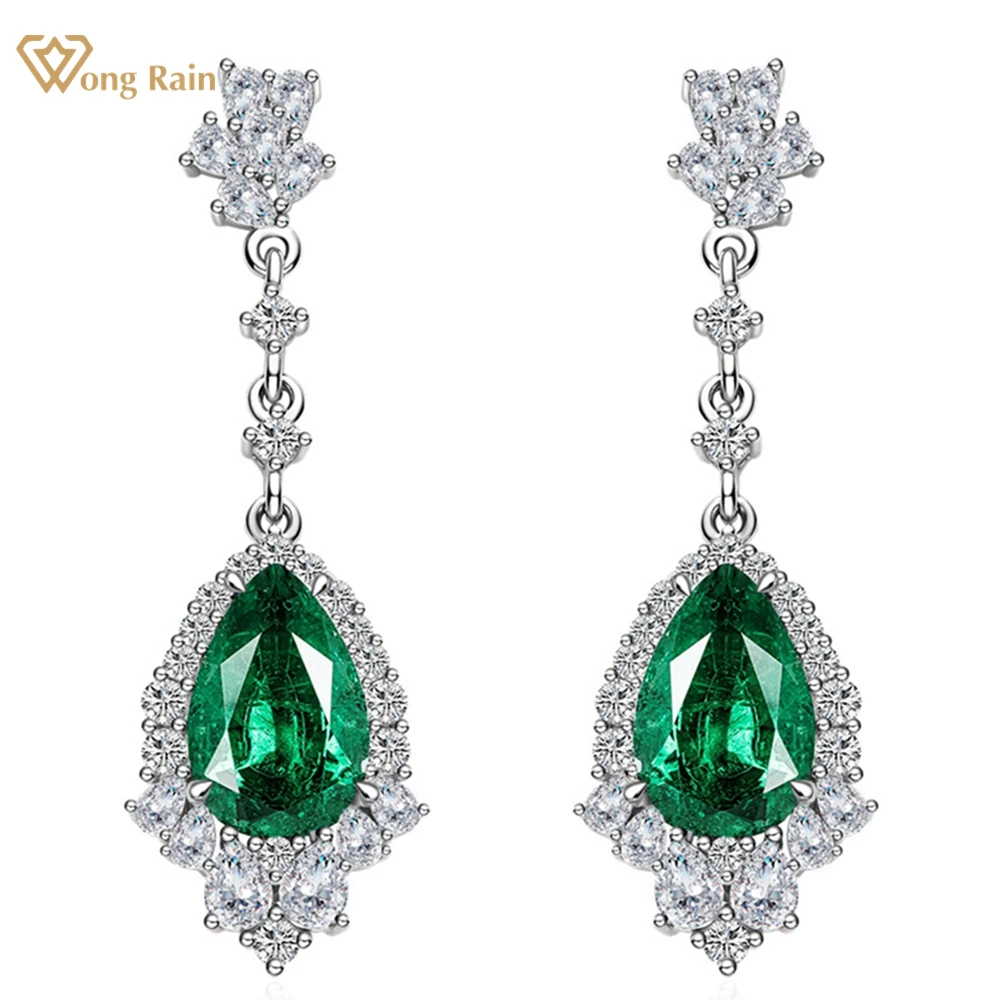 Wong Rain 925 Sterling Silver Pear Cut 8*12MM Emerald Padparadscha Gemstone Water Drop Dangle Earrings Anniversary Gifts Jewelry