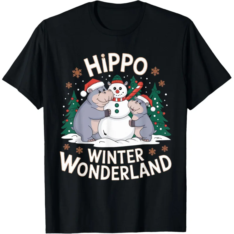 Hippo Family Building Snowman in Christmas Wonderland Vibes T-Shirt