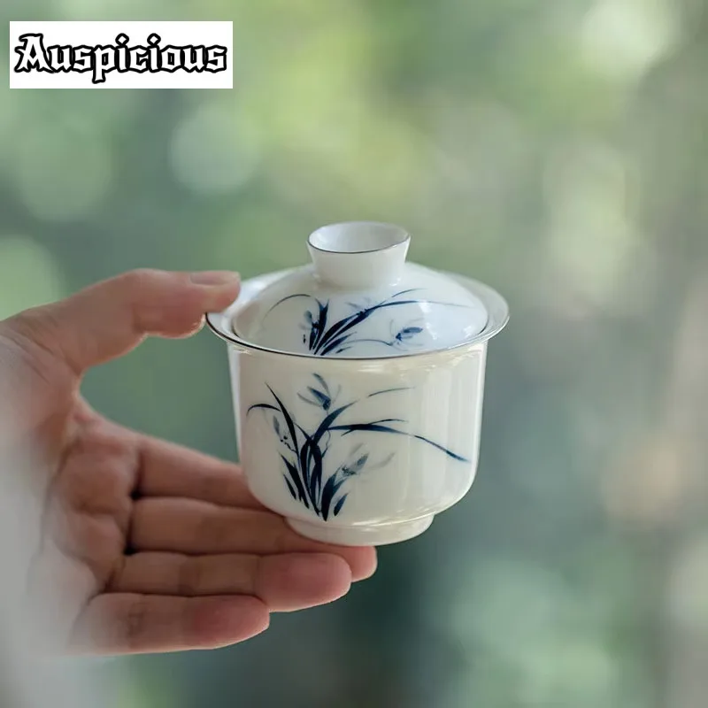 

100ml Pure Hand-painted Orchid Ceramic Tea Tureen Depicting Platinum Jade Cover Bowl With Cover Tea Maker Gaiwan Kung Fu Tea Set