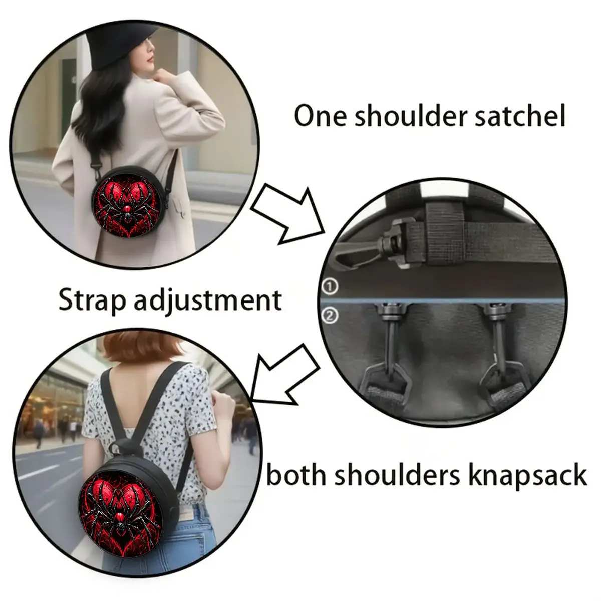 Runde Umhängetasche mit Spinnenmuster, lässige Umhängetasche für Damen, beste Geschenke, 2D flache, lässige Alltags-Umhängetasche – Detail 3