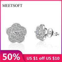 MEETSOFT Silver Plated Prevent Allergy Fashion Stud Earrings for Women Design Trendy Crystal Flower Plum White  Jewelry Gift