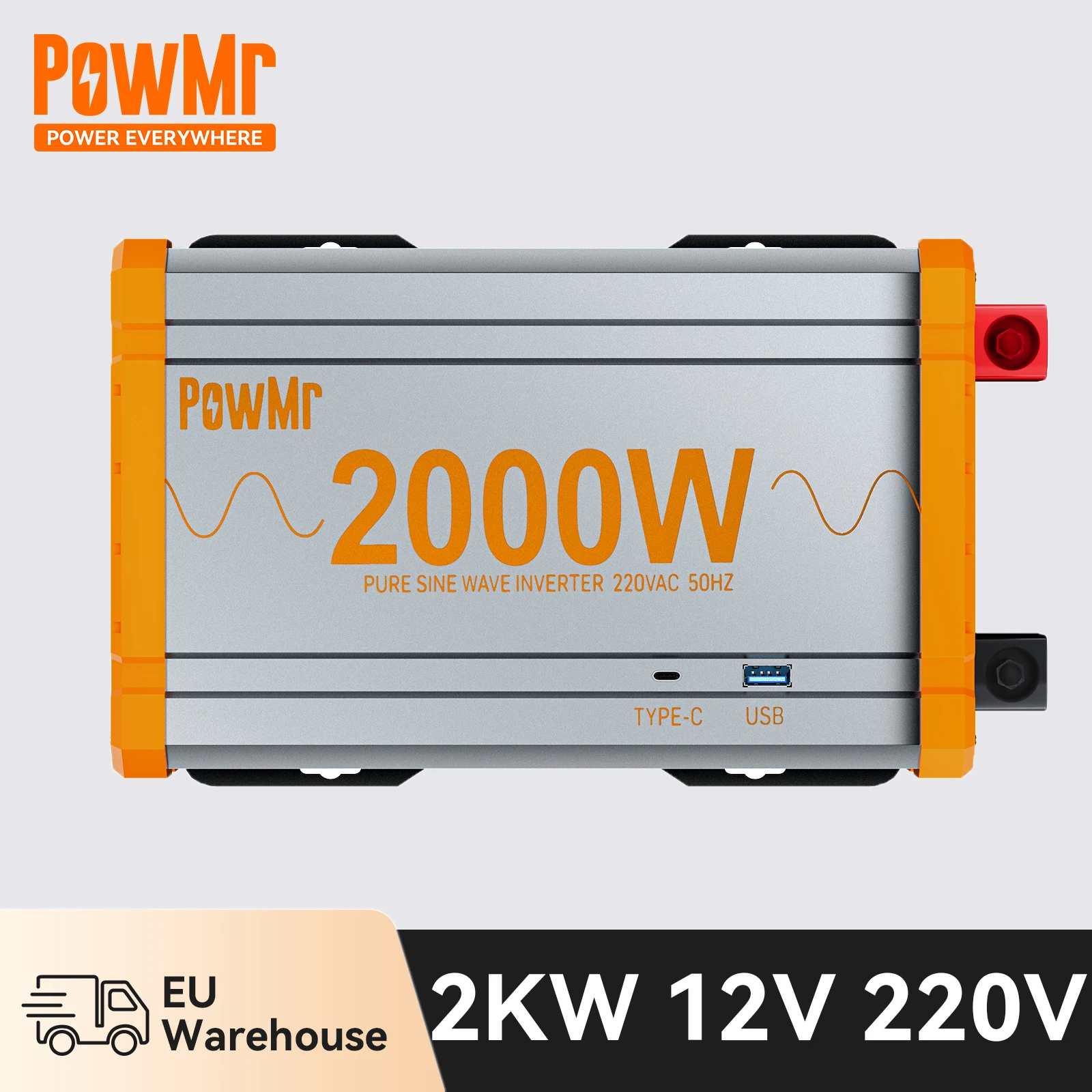 PowMr Pure Sine Wave Solar Inverter 12V to 220V 2KW for Camping 2000W On-Board DC to AC Converter for Home, RV, Truck