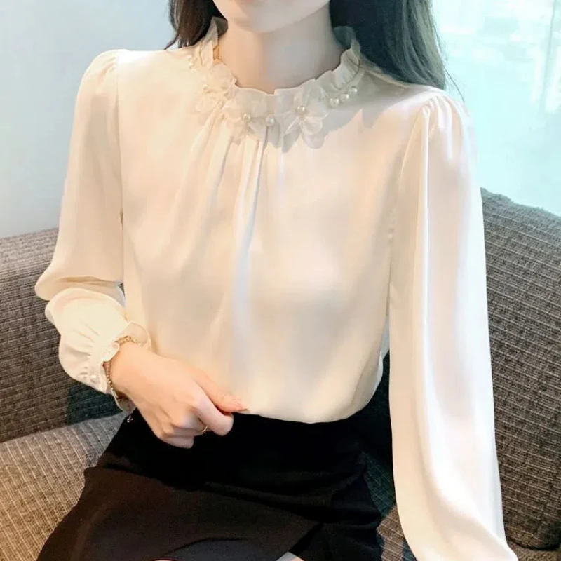 Spring Autumn New Fashion Stand Collar Long Sleeve Blouse Women\'s Clothing Edible Tree Fungus Pleated French Style Sweet Shirts