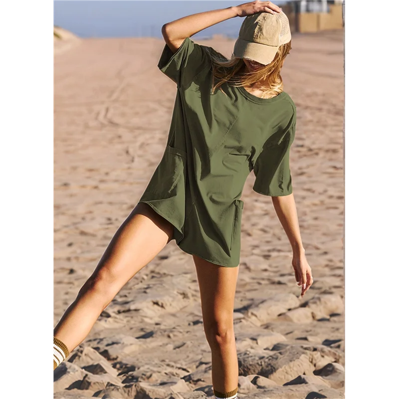 فستان ABRT-Women كاجوال صيفي تي شيرت مرن فضفاض بأكمام قصيرة مع جيب للنساء