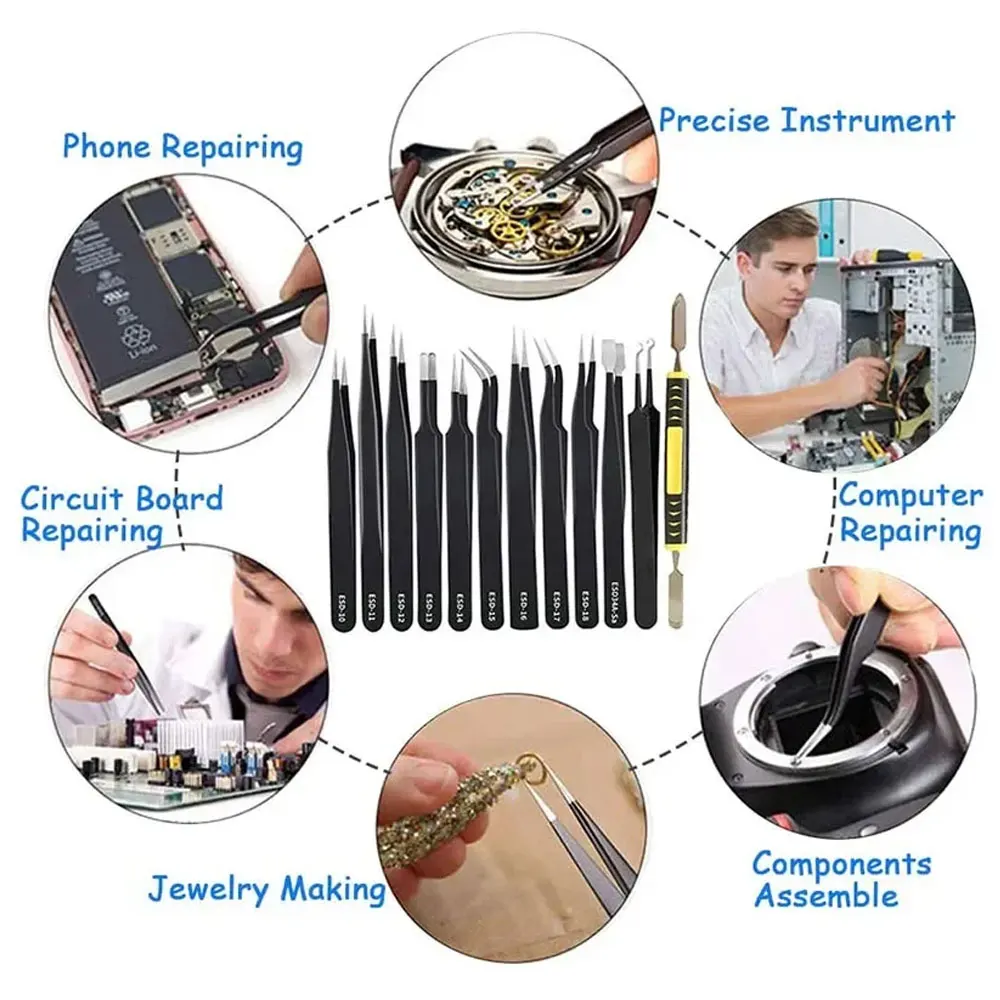 10pcs Stainless Steel Precision Antistatic Tweezers Set Repair Tools Professional Electronic Tweezers
